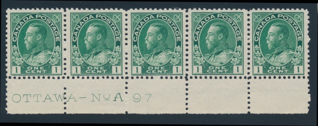 From the Hillside Collection -- Lot 253 1911 1c dark green Admiral Plate Strip of Five. A lower Plate 97 strip, with major re-entry on second stamp (Marler 97LR92); extra short vertical line in left numeral tablet beside the vertical line on first stamp. Mint never hinged. Est. $200