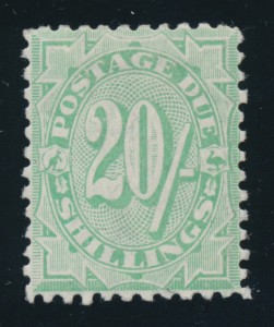 Lot 718 og Australia #J38  1909 20sh green Postage Due, Perforated 11, Watermark Crown Over A Upright, mint, with hinged full original gum and quite well centered. Very fine and accompanied by a 2013 Sergio Sismondo certificate. This is regarded as Australia's rarest regular issue stamp. Only two sheets (240 stamps) printed, and this example is certainly among the finest of the estimated 50 remaining examples. (SG D62) (Scan a) Scott $ 13,000