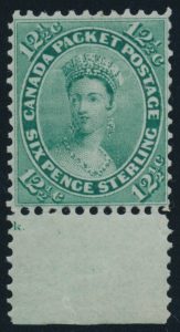 Lot 33, 1859 12½c yellow green Queen Victoria with Major Re-Entry