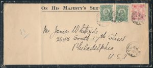 Lot 1121 Newfoundland 1911 OHMS mourning cover to USA, sold for $288