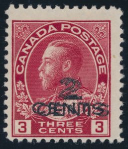 Lot 284 Canada #140a 1926 2c on 3c carmine Admiral mint NH with Double Surcharge, Fine