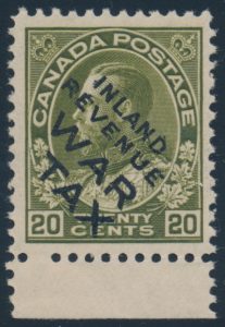 Lot 292, Canada 1915 twenty cent olive green Admiral Inland Revenue War Tax, VF NH, sold for $518
