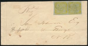 Lot 332, New Brunswick 1859 six pence yellow green imperf pair on cover