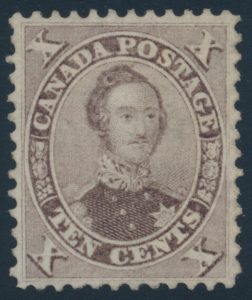 Lot 40, Canada 1859 ten cent brown Consort, perf 12x11-3/4, unused XF