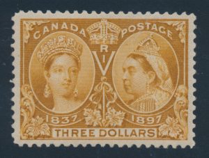 Lot 101 Canada #63 1897 $3 yellow bistre Jubilee, XF NH, sold for $6,670