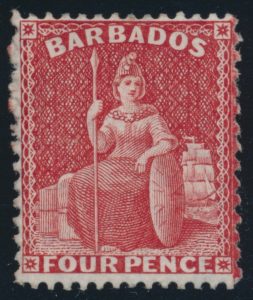 Lot 2007, Barbados 1875 four pence red Britannia, perf 14x12-1/2, wmk Crown CC, mint o.g.