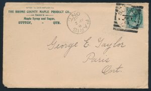 Lot 3249, Canada 1902 SUTTON QUE. squared circle on 1c numeral cover, realized $1725
