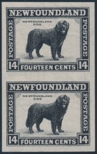 Lot 915, Newfoundland 1932-37 14c Dog imperf vertical pair, VF NH, realized $546