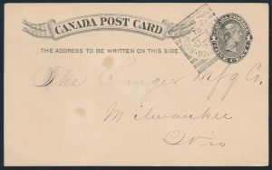 Lot 3228, Canada 1895 NOTRE DAME ST. WEST squared circle on postcard, sold for $432