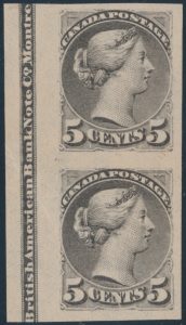 Lot 81, Canada 1891 five cent grey Small Queen imperf vertical imprint pair, XF NG, realized $1092