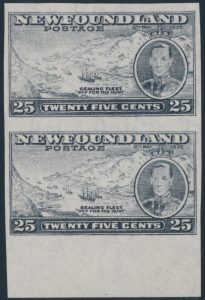 Lot 923, Newfoundland 1937 twenty-five cent Sealing Fleet imperf pair, F-VF NG, realized $374