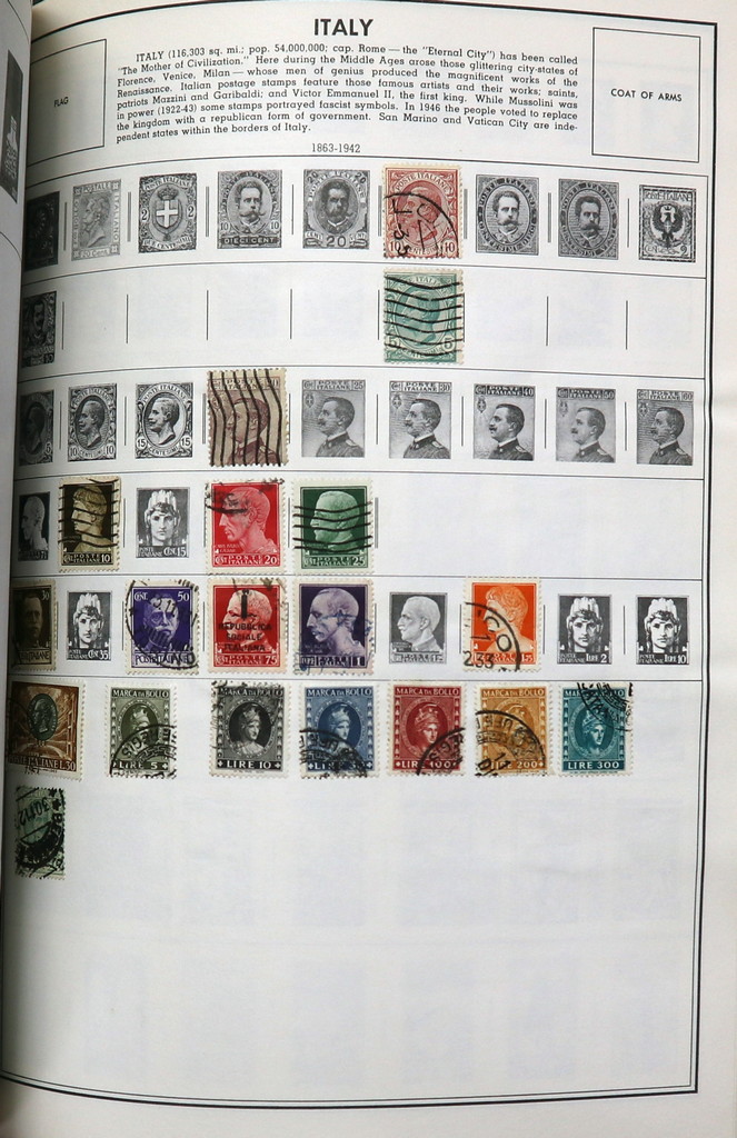 Lot - STAMPS: Housed in two albums, beginner collection of stamps,  International Junior Postage Stamp album, copy-write 1943, along with a  small stock book; all of the stamps are on hinges with