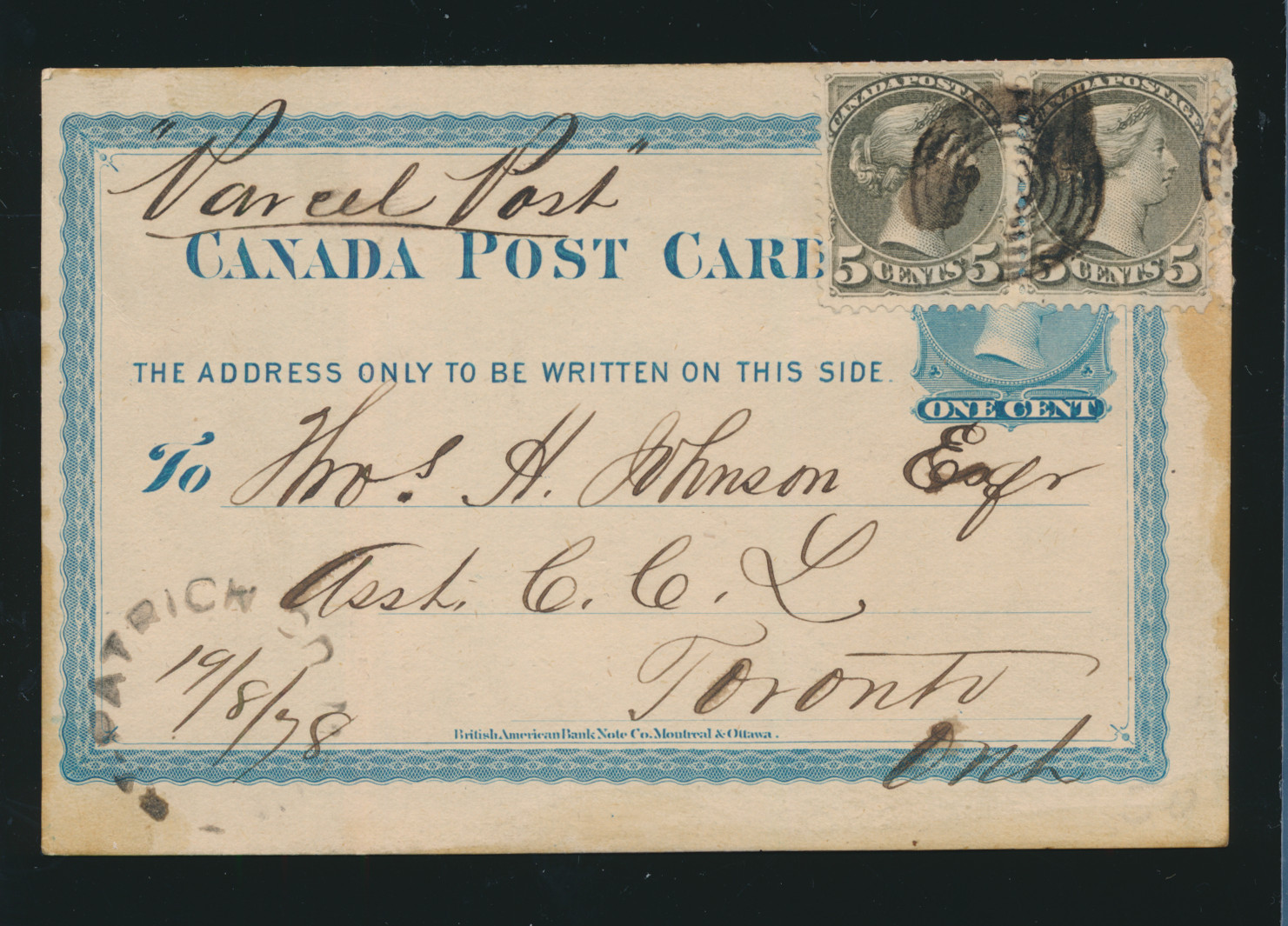 144 Year Old Canadian 1cent Post Card Dated 01/31/1874