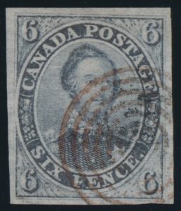 Lot 2, Canada 1851 six pence slate violet Consort, XF on laid paper with 7-ring cancel