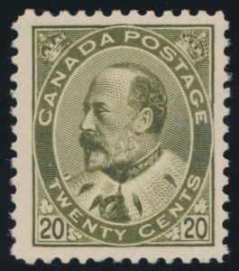 Lot 128, Canada 1904 twenty cent olive green KEVII, VF NH, sold for $1668