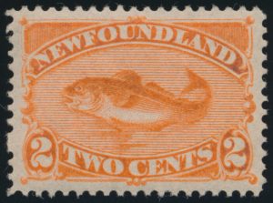 Lot 285, Newfoundland 1890s two cent red orange Codfish, XF NH, sold for $230