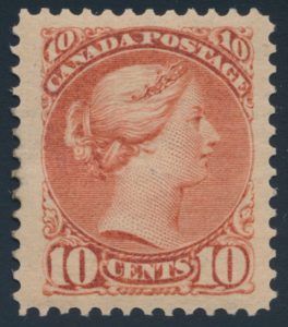 Lot 67, Canada 1890s ten cent rose Small Queen, XF NH, sold for $2185