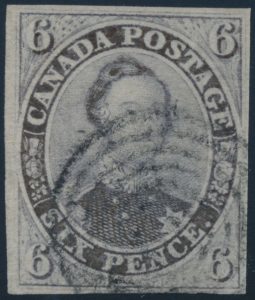 Lot 8, Canada 1851 six pence greyish purple Consort used, imperf on laid paper, no visible laid lines