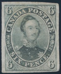 Lot 22, Canada 1855 six pence greenish grey Consort imperforate, unused