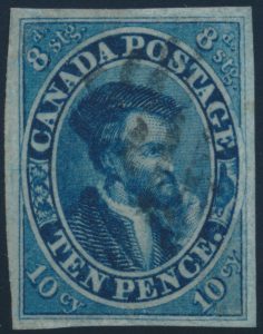 Lot 24, Canada 1855 ten pence blue Cartier imperf, XF used