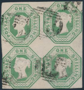 Lot 327, Great Britain 1847 one shilling green Victoria imperf die 2, used block of four