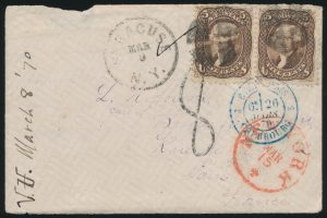 Lot 851, USA 1870 five cent Jefferson pair with F grill on cover Syracuse to Paris