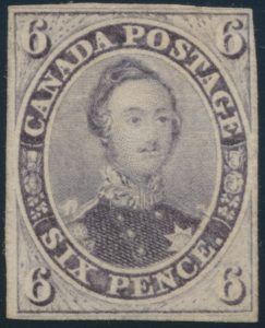 Lot 28, Canada 1857 six pence reddish purple Consort, Fine NG, sold for $20,700