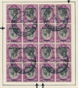 Lot 398, Southwest Africa 1923 six pence black & violet KGV used block of 16 Swakopmund, with constant errors, sold for $374