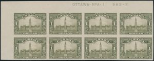 Lot 152, Canada 1929 one dollar olive green Parliament, imperf XF NG corner plate block of eight, sold for $4600