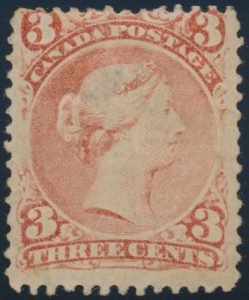 Lot 51, Canada 1868 three cent bright red Large Queen on laid paper, Fine mint, sold for $7590