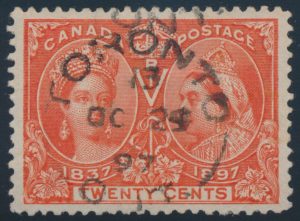 Lot 75, Canada 1897 twenty cent vermilion Jubilee, XF used with Toronto broken circle, sold for $196