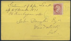 Lot 591, Canada two-ring locally made obliterator #57 Paris on three cent yellow Small Queen cover to Woodstock