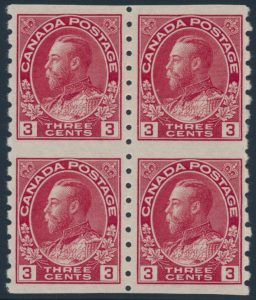 Lot 123, Canada 1924 three cent carmine Admiral block of four, XF NH, sold for $2645