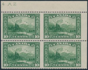 Lot 146, Canada 1928 ten cent Mount Hurd, imperf pair, VF NH plate block of four, sold for $546