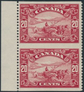 Lot 149, Canada 1929 twenty cent dark carmine Harvesting Wheat vertical imperf pair, VF NH, sold for $276