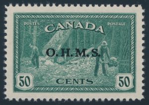 Lot 489, Canada 1949 fifty cent Lumbering Official OHMS, XF NH