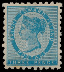 Lot 567, PEI 1861 three pence light blue Victoria, perf 9, VF hinged, sold for $2070