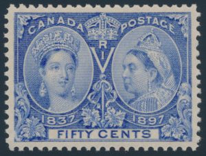 Lot 213, Canada 1897 fifty cent pale blue Jubilee, XF NH, sold for $5750
