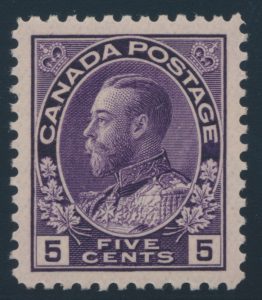 Lot 310 Canada #112a 1924 5c violet Admiral on Thin Paper, mint never hinged, fresh and extremely fine, sold for $316.