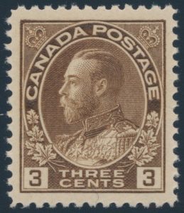 Lot 301, Canada 1923 three cent brown Admiral dry printing, XF NH, sold for $109