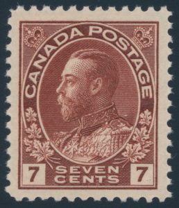 Lot 315, Canada 1924 seven cent red brown Admiral, wet printing, XF NH, sold for $230