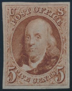 Lot 1067, USA five cent red brown Franklin imperforate "reproduction," VF ng