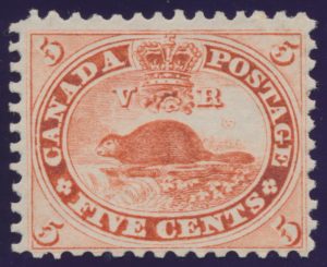 Lot 59, Canada 1859 five cent vermilion Beaver, mint o.g., sold for C$690