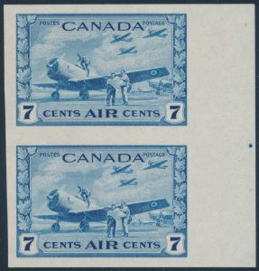 Lot 629, Canada 1943 seven cent deep blue Airmail imperf vertical pair, XF NH, sold for C$776