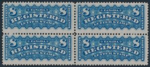 Lot 657, Canada 1876 eight cent dull blue Registration F-VF hinged block of four, sold for C$2,185