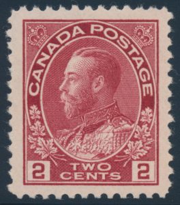 Lot 461, Canada 1914 two cent rose carmine Admiral, VF NH, sold for C$288