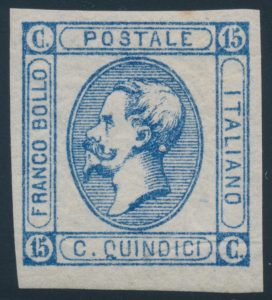 Lot 725, Italy 1863 fifteen cent blue King Victor Emmanuel, VF NH