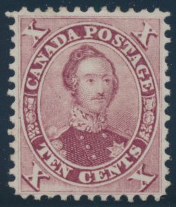 Lot 53, Canada 1859 ten cent red lilac Consort, XF no gum, sold for C$1,840