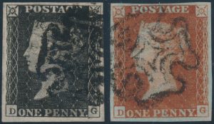 Lot 486 Great Britain #2, 7 Plate 11. 1840 1d black and 1d red brown Queen Victoria Imperforate Matched Pair