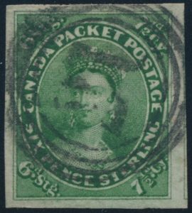 Lot 1148 Canada 1857 7½d deep green Queen Victoria Imperforate, used with 4-ring numeral cancel